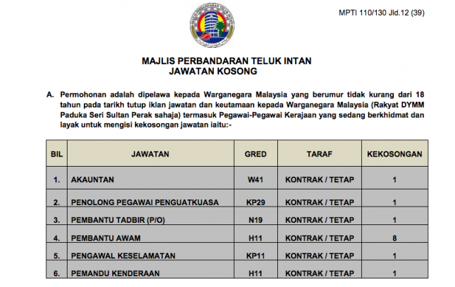 Majlis Perbandaran Teluk Intan (MPTI) ~ Pelbagai Kekosongan 2017
