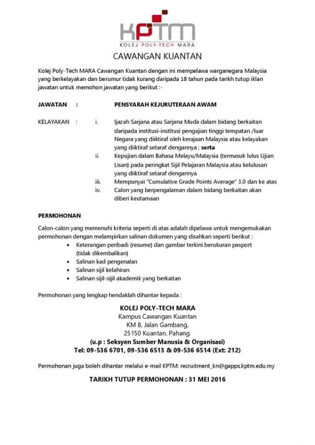 Kerja Kolej Poly-Tech Mara (KPTM)