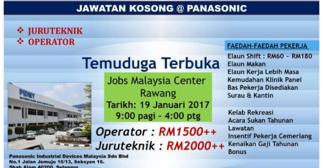 Temuduga Terbuka Operator & Juruteknik PANASONIC ~ 150 Kekosongan