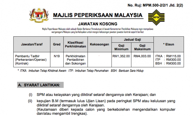 Permohonan Jawatan Pembantu Tadbir di Majlis Peperiksaan Malaysia (MPM) ~ 22 Kekosongan/Minima SPM