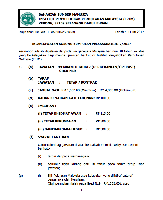 Iklan Jawatan Kosong FRIM Terkini