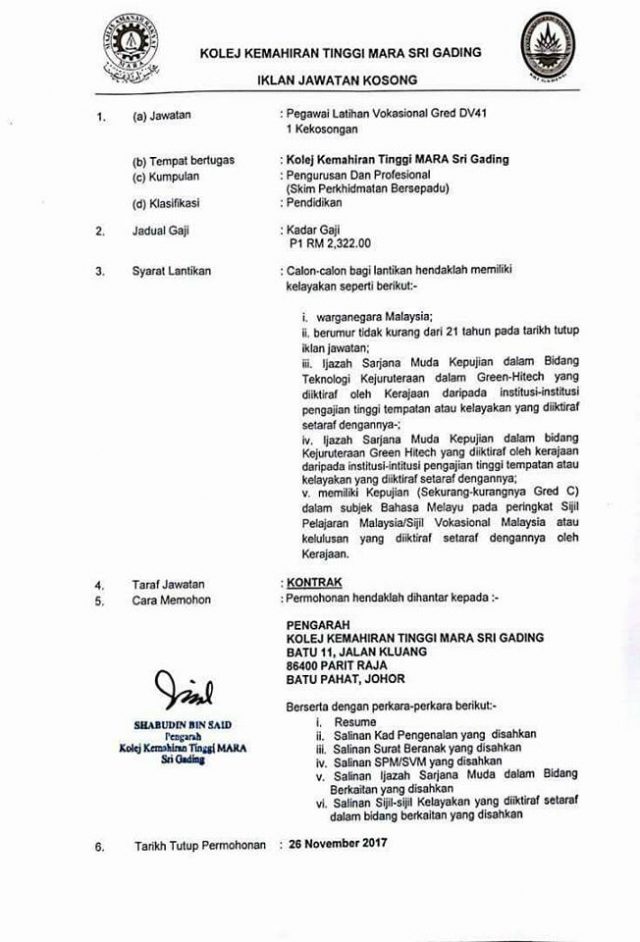 Iklan Jawatan Kosong Kolej Kemahiran Tinggi MARA