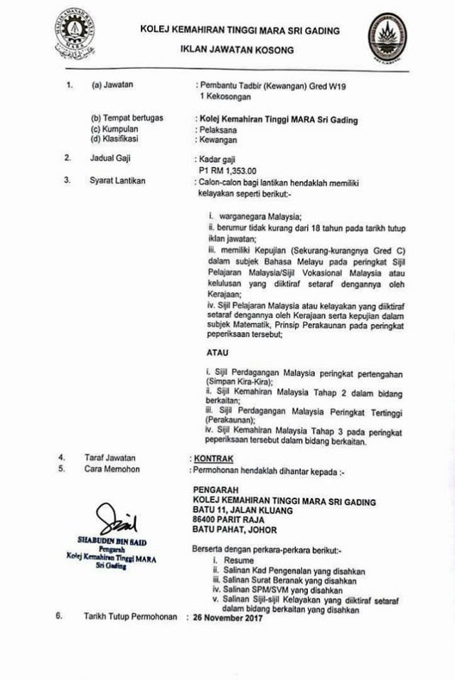 Iklan Jawatan Kosong Kolej Kemahiran Tinggi MARA