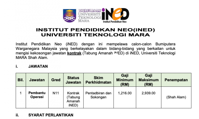 Institut Pendidikan Neo (iNED) UITM ~ Kekosongan Pembantu Operasi/Minima PMR