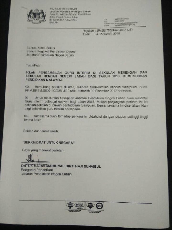 Iklan Permohonan Guru Interim KPM Sekolah Menengah & Sekolah Rendah Negeri Sabah 2018
