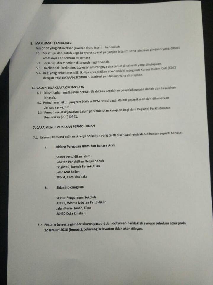 Iklan Permohonan Guru Interim KPM Sekolah Menengah & Sekolah Rendah Negeri Sabah 2018