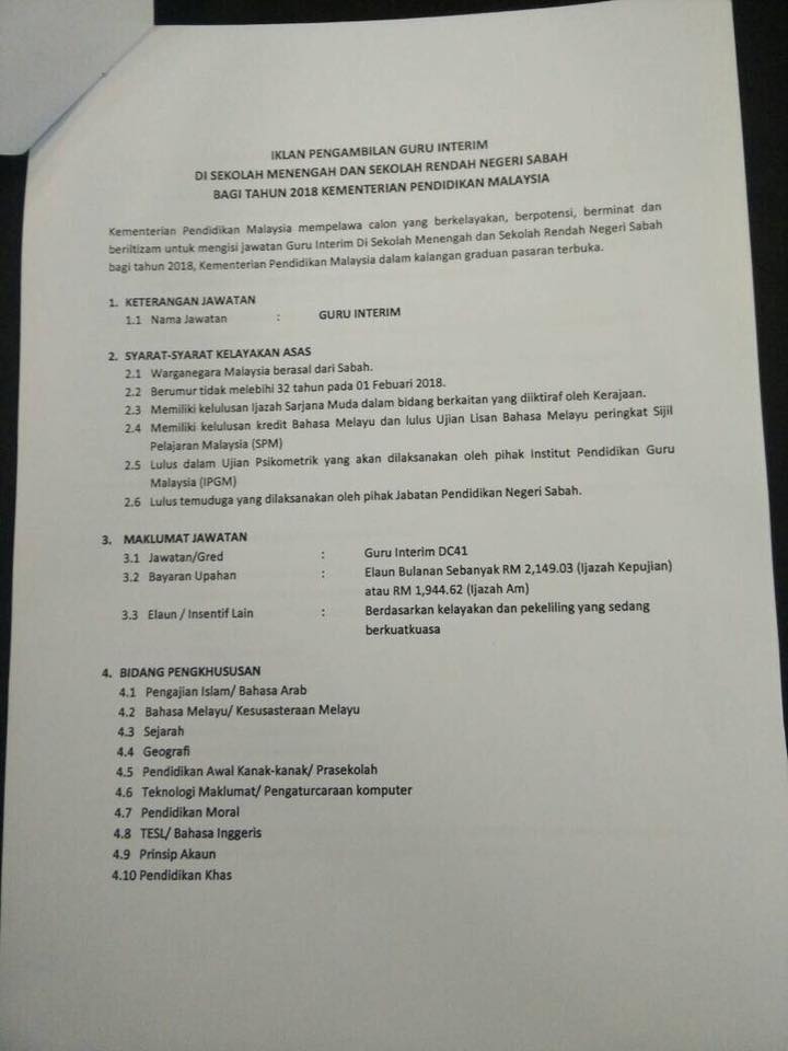 Iklan Permohonan Guru Interim KPM Sekolah Menengah & Sekolah Rendah Negeri Sabah 2018