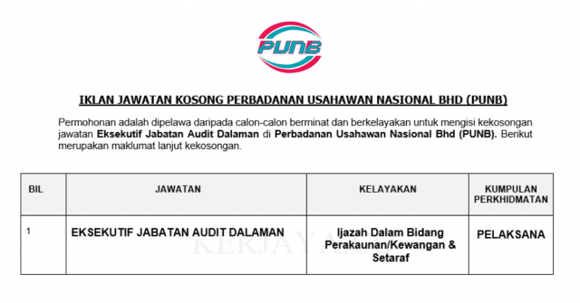 Perbadanan Usahawan Nasional Berhad (PUNB) ~ Eksekutif Jabatan Audit Dalaman