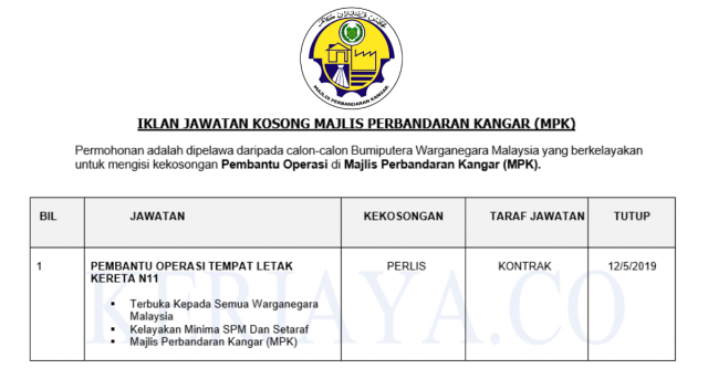 Majlis Perbandaran Kangar ~ Pembantu Operasi Tempat Letak Kereta
