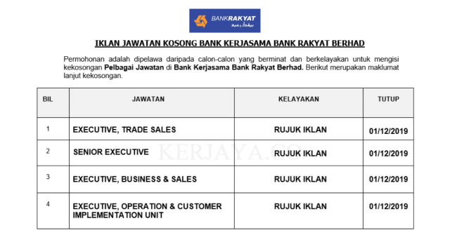 Bank Kerjasama Bank Rakyat ~ Eksekutif & Pelbagai Jawatan