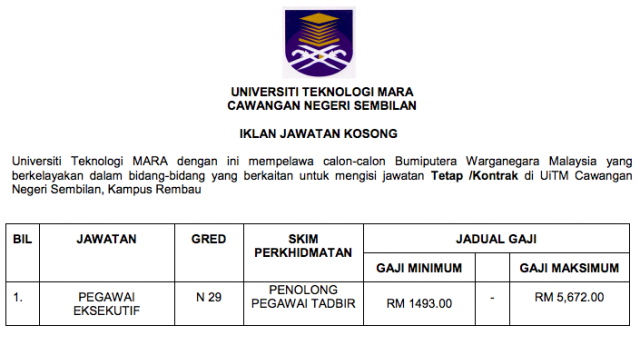 Permohonan Jawatan Penolong Pegawai Tadbir N29 UITM di Buka