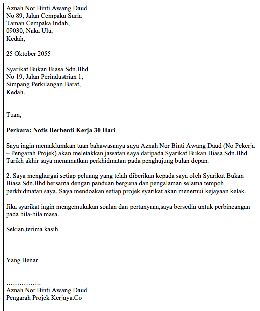 Contoh Surat Berhenti Kerja 30 Hari Terkini