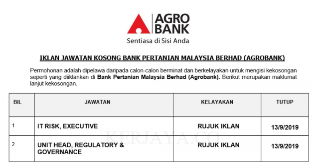 Bank Pertanian Malaysia Berhad (Agrobank) ~ Eksekutif & Pelbagai Jawatan