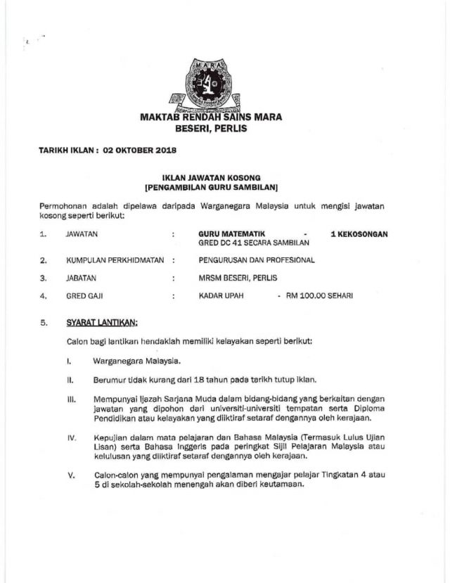 Iklan Jawatan Kosong Guru Sambilan Maktab Rendah Sains MARA