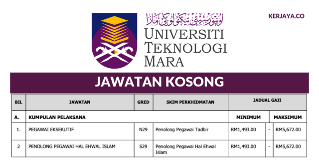 UITM ~ Kekosongan Jawatan Pentadbiran & Pengurusan