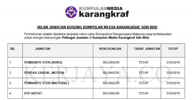 Kumpulan Media Karangkraf ~ Pembantu Stor, Pereka Grafik & Pelbagai Jawatan