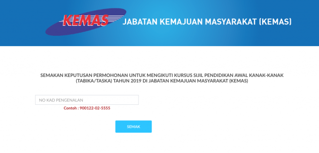 Semakan Keputusan Permohonan Tawaran Sijil Pendidikan Awal Kanak-Kanak (SPAKK) KEMAS