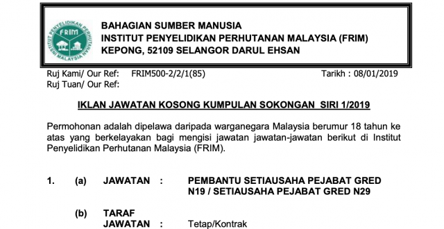 Institut Penyelidikan Perhutanan Malaysia ~ Kekosongan Baru 2019