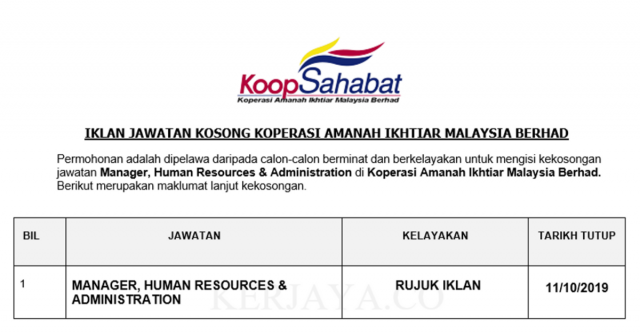 Koperasi Amanah Ikhtiar Malaysia ~ Manager , Human Resources & Administration