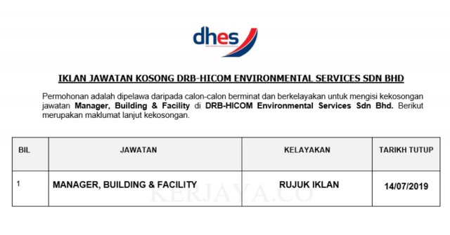 DRB-HICOM Environmental Services ~ Manager, Building & Facility