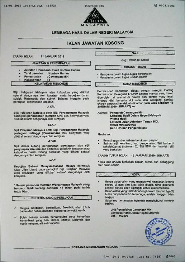 Iklan Jawatan Pembantu Hasil LHDN