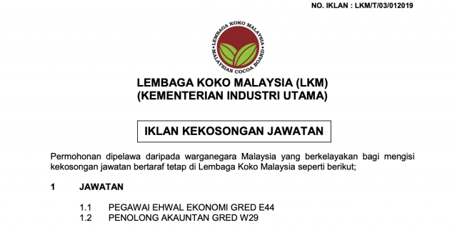 Peluang Kerja Kosong Lembaga Koko Malaysia di Buka