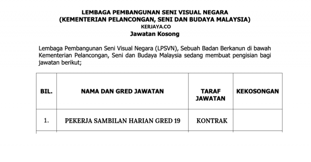 Permohonan Jawatan Kosong Lembaga Pembangunan Seni Visual Negara (LPSVN)