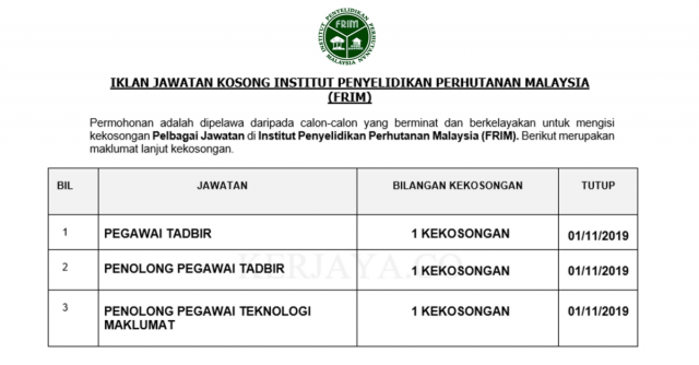 Institut Penyelidikan Perhutanan Malaysia (FRIM) ~ Kekosongan Jawatan Pentadbiran & Pengurusan