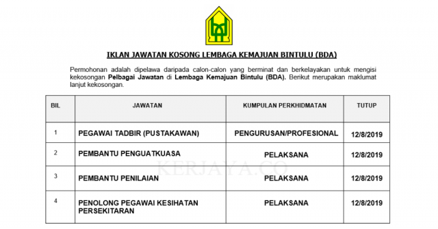Lembaga Kemajuan Bintulu (BDA) ~ Jawatan Pentadbiran & Pengurusan