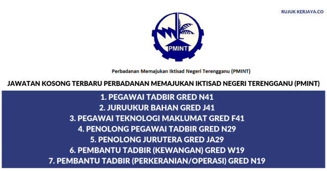 Perbadanan Memajukan Iktisad Negeri Terengganu (PMINT) ~ Jawatan Pentadbiran & Pengurusan