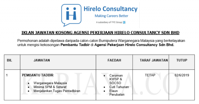Agensi Pekerjaan Hirelo Consultancy ~ Pembantu Tadbir