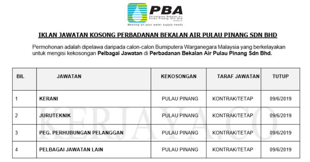 Perbadanan Bekalan Air Pulau Pinang ~ Kerani, Juruteknik & DLL