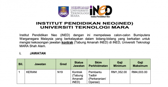 Kerani N19 di Institut Pendidikan Neo (iNED) UITM