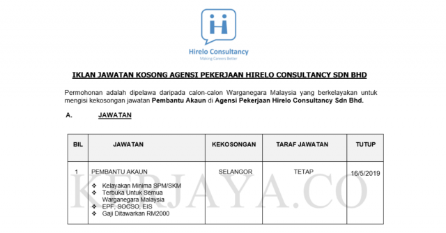 Agensi Pekerjaan Hirelo Consultancy ~ Pembantu Akaun