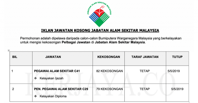 Jabatan Alam Sekitar / 161 Kekosongan Jawatan Pengurusan Profesional & Pelaksana