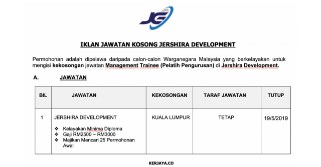 Management Trainee/Pelatih Pengurusan di Jershira Development Untuk Pemegang Diploma
