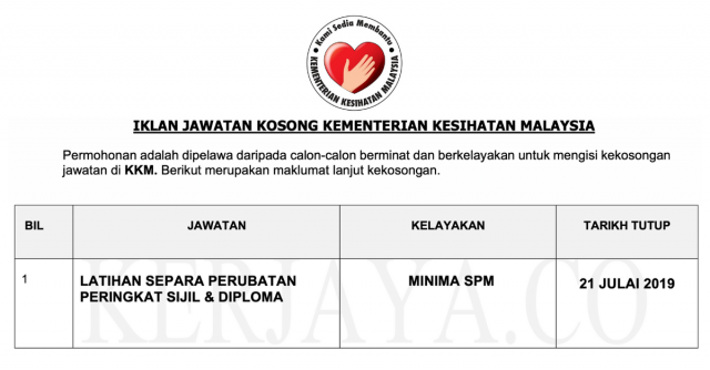 Kementerian Kesihatan Malaysia (KKM) – 1515 Kekosongan Seluruh Negara. SPM Layak Mohon
