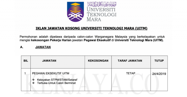 Pegawai Eksekutif UITM / Permohonan Terbuka Kelayakan STPM Setaraf