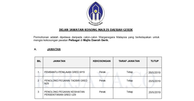 Majlis Daerah Gerik ~ Penolong Pegawai Tadbir, Pembantu Penilaian, Penolong Pegawai Kesihatan Persekitaran