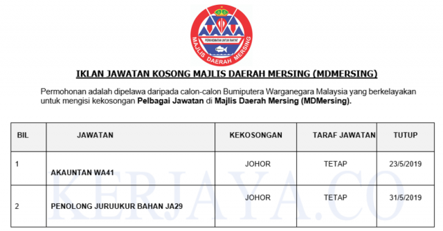 Majlis Daerah Mersing ~ Akauntan & Penolong Juruukur Bahan