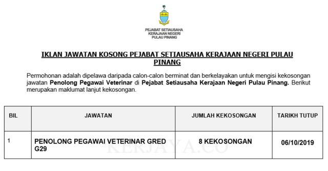 Pejabat Setiausaha Kerajaan Negeri Pulau Pinang ~ Penolong Pegawai Veterinar