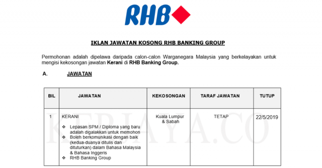 Kerani RHB Banking Group Di Buka ~ Mohon Segera