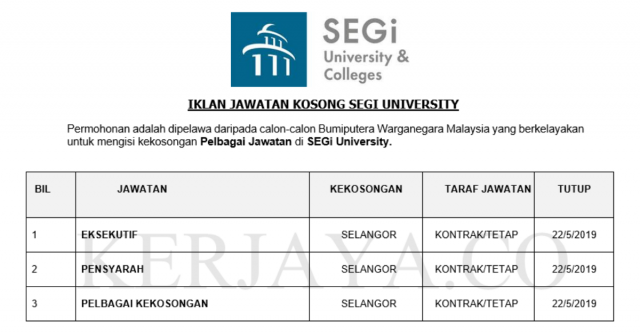 SEGi University ~ Pelbagai Kekosongan Jawatan