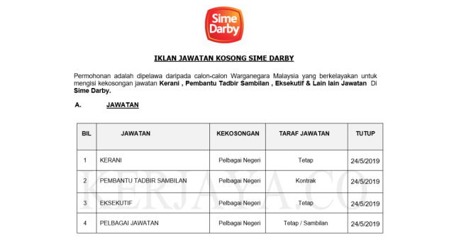 Kerani, Pembantu Tadbir Sambilan, Eksekutif & Pelbagai Jawatan  Sime Darby Kini Di Buka