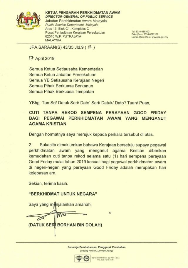 Surat Edaran Cuti Tanpa Rekod Sempena Perayaan Good Friday