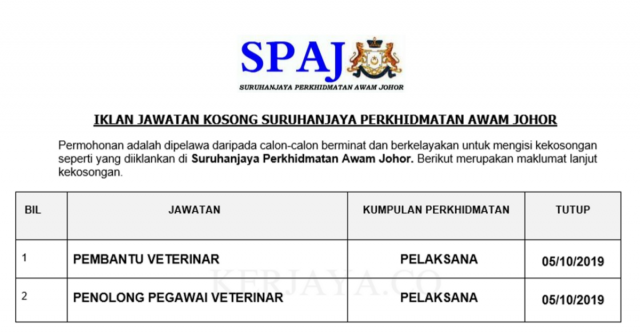 Suruhanjaya Perkhidmatan Awam Johor (SPAJ) ~ Pembantu Veterinar & Pen.Pegawai Veterinar