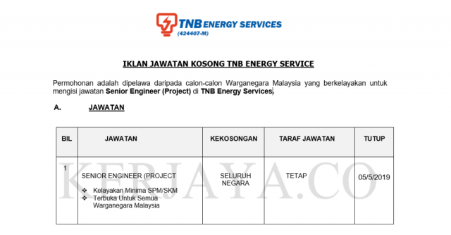 TNB Energy Services ~ Senior Engineer (Project)