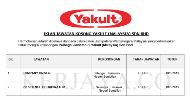 Yakult (Malaysia) ~ Pelbagai Kekosongan Jawatan