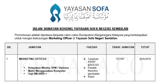 Yayasan Sofa Negeri Sembilan ~ Marketing Officer