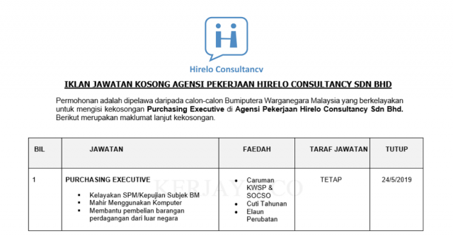 Agensi Pekerjaan Hirelo Consultancy ~ Purchasing Executive